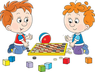 Funny little children playing checkers among scattered toys in a playroom of a kindergarten, vector cartoon illustration on a white background
