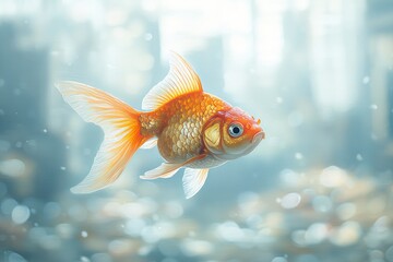 A goldfish swims in an aquarium with a cityscape visible through the water