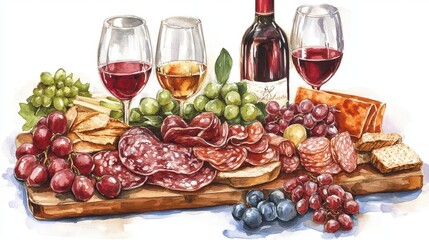 bottle of wine paired with flutes and an elegantly arranged charcuterie board, depicted in a watercolor illustration that exudes warmth and inviting hospitality