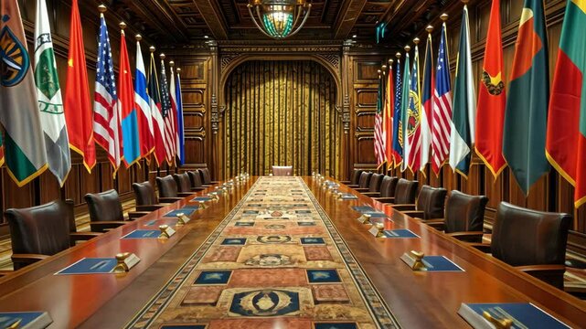 A regal conference room lined with international flags is devoid of participants, suggesting the quiet before a storm of diplomatic activity and cross-border collaboration.