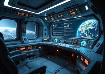 Obraz premium advanced futuristic space ship features multiple screens navigation control highly technological environment