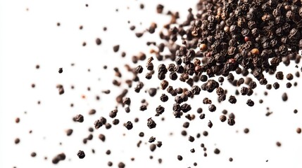 Naklejka premium ground black pepper is artistically scattered, with grains flying in a dynamic motion against a pristine white background, creating a bold visual effect