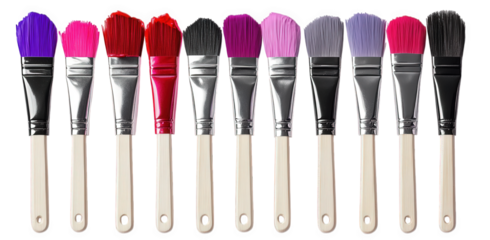 row of paintbrushes with colorful paint on the bristles the brushes are all the same size and shape. but each has a different color of paint on it the colors are purple. pink. red. black. dark purple.