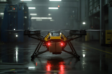 Naklejka premium Drone delivery with red lights carrying a box in industrial space