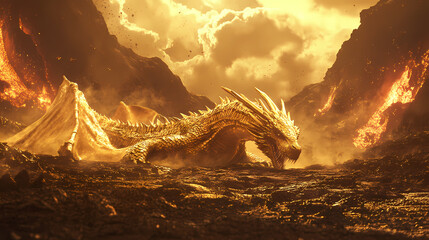 Resplendent gold dragon basks in sunlight, scales shimmering against the backdrop of a volcanic landscape. Resplendent. Illustration