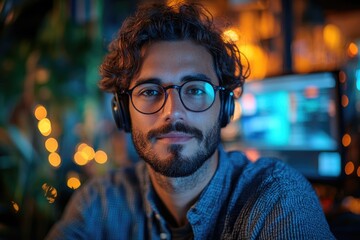 A person wearing glasses and a beard listens to music on his headphones