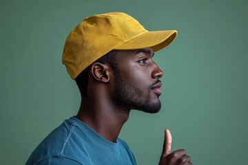 A person wearing a bright yellow hat and a blue shirt, possibly for a specific occasion or event