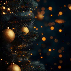 
christmas tree branches with Yellow and gold Christmas balls on top and bottom of the image, Dark background with blur lights, 4K, photography

