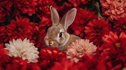 charming rabbit nestled among vibrant red flowers, embodying the spirit of the chinese lunar new year, with festive decorations symbolizing the year of the rabbit
