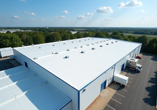 aerial view shows smooth white pvc roof factory clear summer sky generative ai technology play