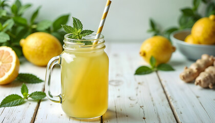 Refreshing lemonade drink in jar with lemons and mint leaves on wooden background