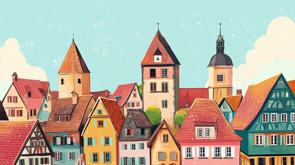 Fototapeta premium Illustration, Cityscape of Rothenburg ob der Tauber in Germany, touristic advertisement poster. Famous touristic must-see spot in Germany. Promotional touristic poster. Town on the Romantische Strasse