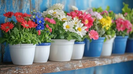 Colorful potted plants arranged on a shelf, perfect for home decor or office use