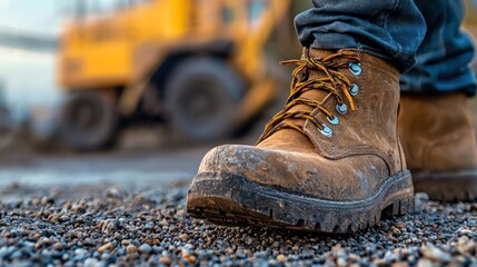 Durable Rugged Construction Boots on Gravel Surface at Construction Site