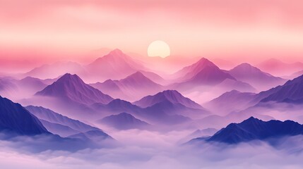 Fototapeta premium Misty mountain range surrounded by pine forest under a dreamy pink purple sky with soft light and serene atmosphere