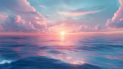 Vast ocean under a colorful pink and blue sunset sky reflecting on the tranquil water, offering a serene seascape view