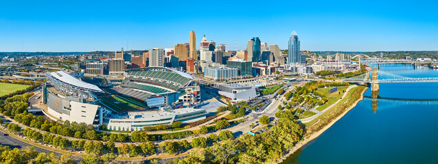 Aerial Panorama of Cincinnati Skyline with Stadium and Ohio River Bridge