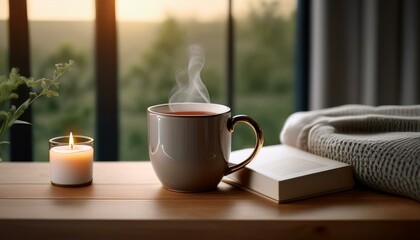 A scene with a stylishly designed mug filled with hot tea, a small book and incense on the table creating a cozy atmosphere.