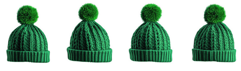 four green knitted beanies with a fluffy pom pom on top. isolated on a transparent background