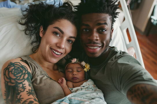 Smiling multiracial parents capturing newborn daughter moment, resting together in postpartum hospital room