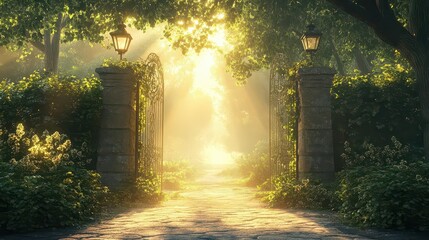 heavenly gates basking in radiant light, symbolizing peace and serenity, creating an ethereal atmosphere that invites contemplation and reflection on life and afterlife