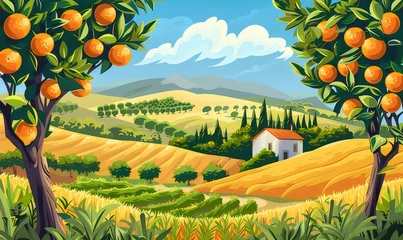Fototapete Idyllic Tuscan landscape with orange trees, rolling hills, and a farmhouse. © NipaArts