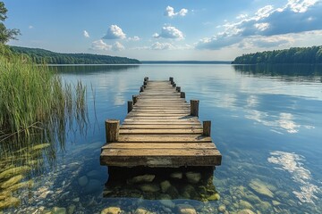 A wooden pier stretching out into the calm water with lush greenery surrounding it