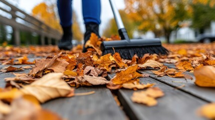 Obraz premium A person tidily sweeps vibrant autumn leaves off a wooden bridge, embodying the crisp, colorful essence of fall in tranquil scenery.