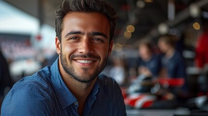 Fototapeta premium Close-Up Portrait of a Young Professional Racer with a Friendly Smile