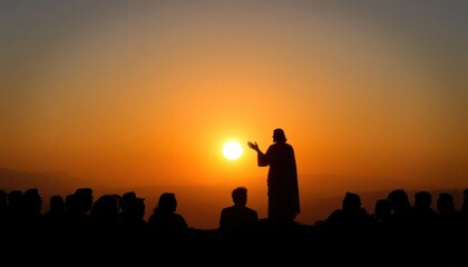 Fototapeta premium Silhouette of Jesus preaching to group of people on mountaintop at sunset. Group listens attentively. Religious scene evokes biblical gospel teaching scene. Tranquil atmosphere on hillside. Warm