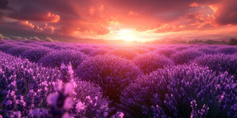 Lavender fields bloom under a vibrant sunset sky