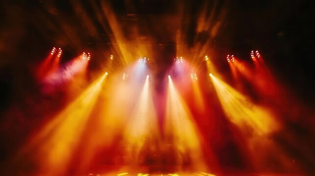 concert stage illuminated with vibrant colored lights and spotlights, creating an electrifying atmosphere. the audience is immersed in the energy of the live performance
