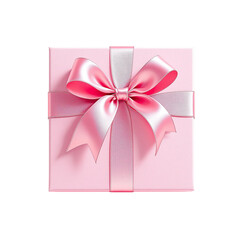 Pink gift box on top view with pink silk ribbon bow isolated on transparent background