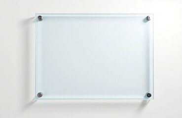 Clear glass frame mounted on white wall. Empty space for display. Modern design element. Blank template for signage advertisement. Pro, minimalist style. Suitable for offices business interiors.