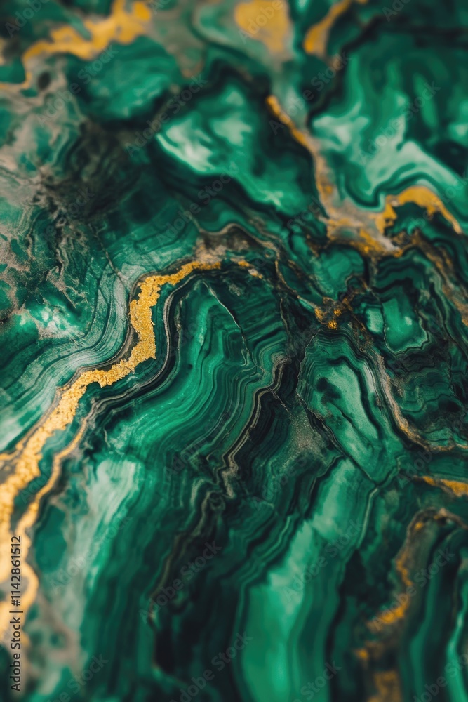Poster a close-up shot of a green and gold marble with intricate patterns
