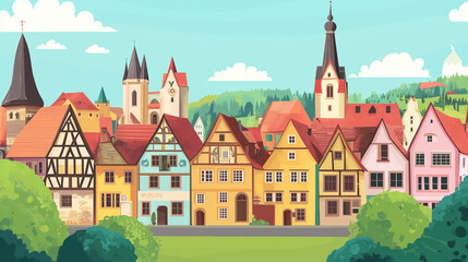 Illustration, Cityscape of Rothenburg ob der Tauber in Germany, touristic advertisement poster. Famous touristic must-see spot in Germany. Promotional touristic poster. Town on the Romantische Strasse