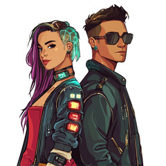 Cute Couple with Cyberpunk Style Vector Illustration | Futuristic and Neon-Inspired Fashion Artwork  
