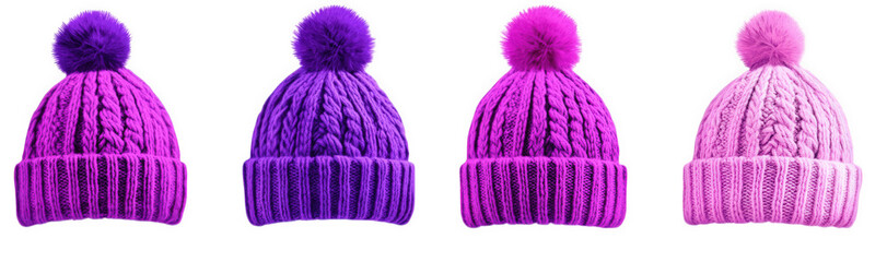 four colorful knitted beanies with pom-poms isolated on a transparent background