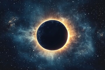 Naklejka premium A solar eclipse with the sun being blacked out by Earth's shadow, surrounded by stars and nebulae in space.