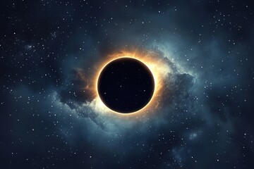 A solar eclipse with the sun being blacked out by Earth's shadow, surrounded by stars and nebulae in space.