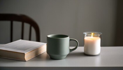 A scene with a stylishly designed mug filled with hot tea, a small book and incense on the table creating a cozy atmosphere.