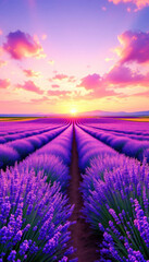 Obraz premium Lavender fields stretching under a vibrant sunset sky, with rows of blooming flowers creating a picturesque scene that extends into the horizon, evoking tranquility and natural beauty.