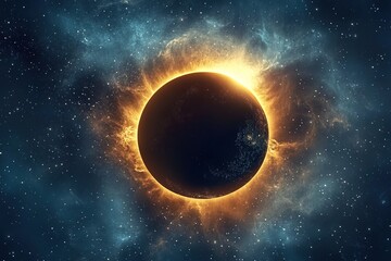 Obraz premium A solar eclipse with the sun being blacked out by Earth's shadow, surrounded by stars and nebulae in space.