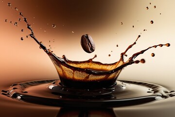 A coffee bean dropping on a pool of dark liquid, surrounded by a splash of coffee.