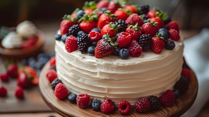 Birthday cake with berries and decorations