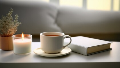 Obraz premium A scene with a stylishly designed mug filled with hot tea, a small book and incense on the table creating a cozy atmosphere.