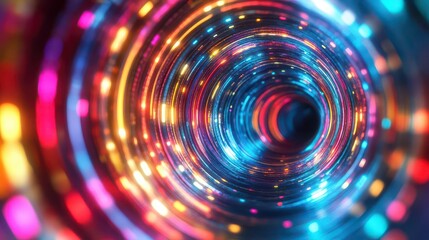 Obraz premium illuminated circular lines radiating with vibrant colors, creating a dynamic motion blur effect in a 3d rendering, forming a seamless panoramic view that captivates the eye