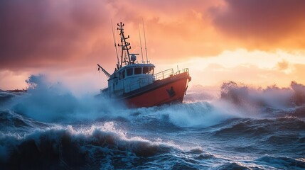dramatic scene of a sturdy boat battling through stormy seas, waves crashing around, embodying the struggle against nature and the resilience of the human spirit