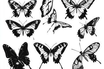 A group of black and white butterflies sit on a white background, showcasing their unique colors and patterns
