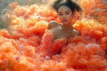 Surreal model in flowing gown amidst vibrant flower landscape